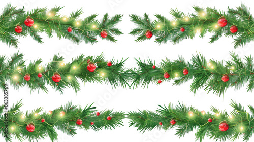 Christmas Branches Border with Christmas Decorations on Transparent Background