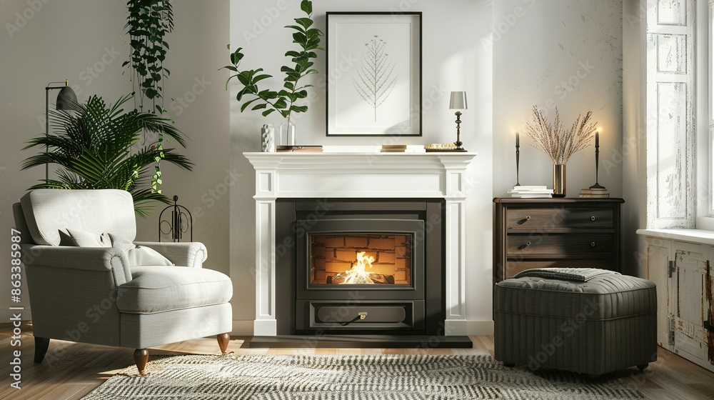 Fireplace and Coffee Table in Home Living Room Interior: Mock-Up Frame