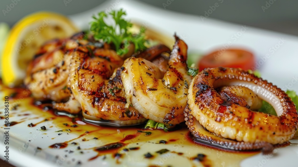 Grilled squid served with teriyaki sauce on a dish Grilled squid served with teriyaki sauce on a dish