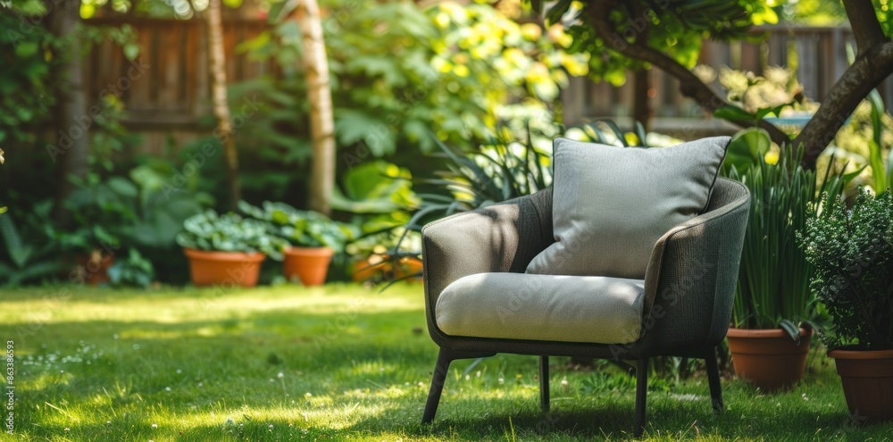 A chair is sitting in a lush green yard with potted plants . Creating a chic and modern outdoor design with artificial grass carpet. Concept Outdoor Decor, Artificial Grass, Modern Design, Chic Style A chair is sitting in a lush green yard with potted plants . Creating a chic and modern outdoor design with artificial grass carpet. Concept Outdoor Decor, Artificial Grass, Modern Design, Chic Style