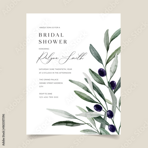 Olive Bridal Shower Invitation Template, Printable Watercolor Greenery Bridal Shower Invite, Bridal Shower Invite for Rustic Mediterranean theme 