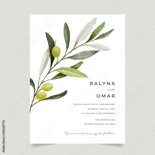Minimalist Olive Branch Wedding Invitation Template, Greenery Wedding Invite
