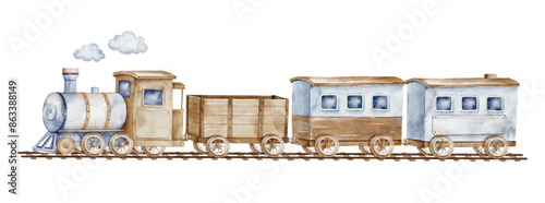Watercolor Wooden Train Toys, Baby game wooden retro trains. Clipart for greeting card, baby shower, invitation, birthday