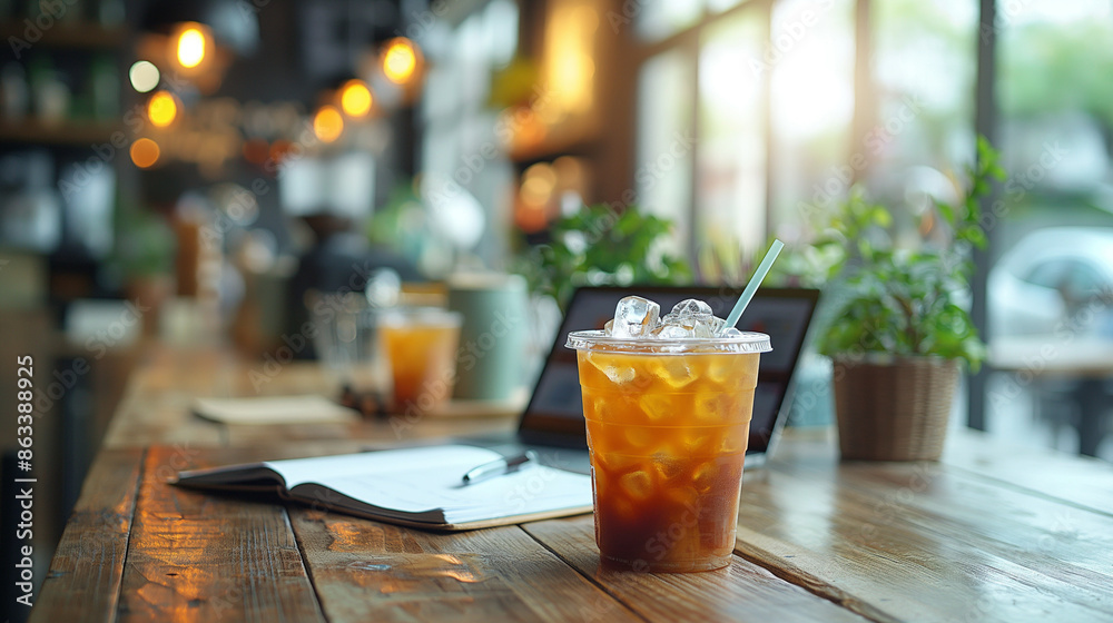 デスクの上にアイスコーヒー デスクの上にアイスコーヒー