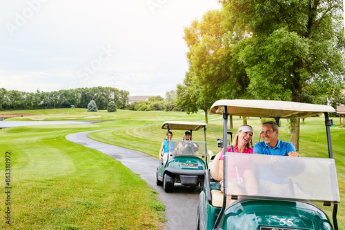 People, golf cart and outside course in nature, happy and relax in transport path or country club hobby on weekend break. Fitness, driving and smile for sport game conversation, golfers and together photo