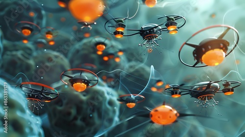 Swarm of medical nanodrones delivering targeted drug therapies to specific cells in the body exhaustive visual investigation of nanomedicine in future pharmaceuticals photo