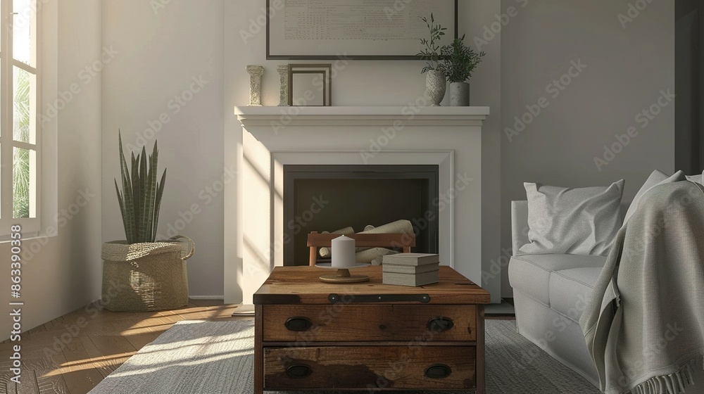 Cozy Living Room Interior with Fireplace and Coffee Table: Mock-Up Frame