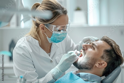Thorough Examination: Dentist Carefully Inspecting a Patient's Teeth During a Dental Check-Up, Focusing on Oral Hygiene and Preventive Care.