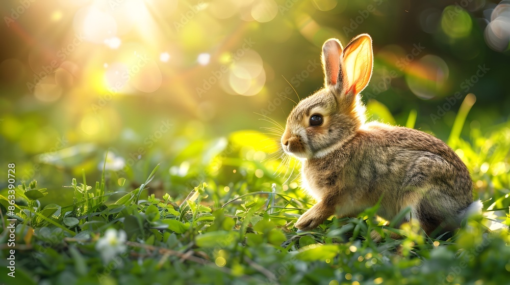 Rabbits. Beauty Art Design of Cute Little Easter Bunny in the Meadow. Spring Flowers and Green Grass. Sunbeams