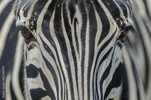 mesmerizing zebra portrait closeup of burchells zebra showcasing intricate stripe patterns and soulful eyes photo