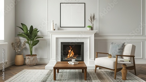 Living Room Interior: Fireplace, Drawer, and Coffee Table with Mock-Up Frame