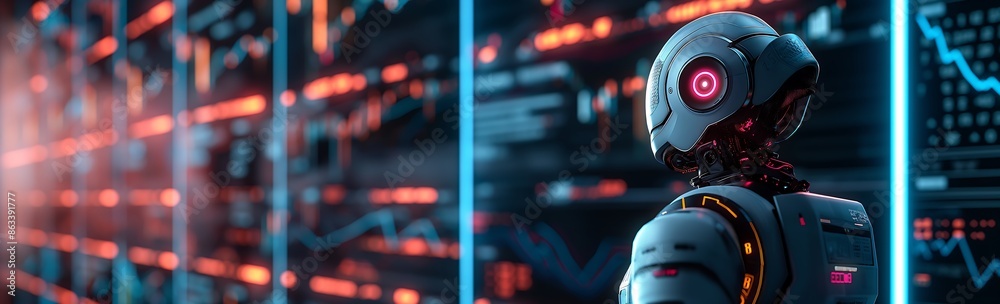 Trading robot standing and analyzing the crypto trading graph, symbolizing the graph growth up and artificial intelligence for stock market analysis Trading robot standing and analyzing the crypto trading graph, symbolizing the graph growth up and artificial intelligence for stock market analysis