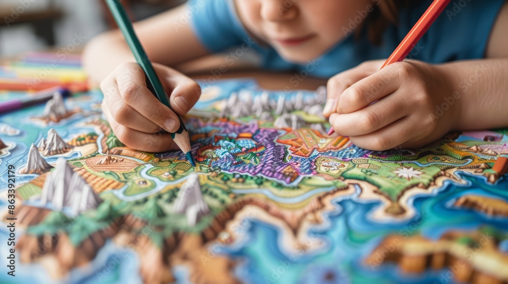 child creating a detailed map of an imaginary land, using colored pencils and markers, showing intricate and creative thinking, with copy space for text child creating a detailed map of an imaginary land, using colored pencils and markers, showing intricate and creative thinking, with copy space for text