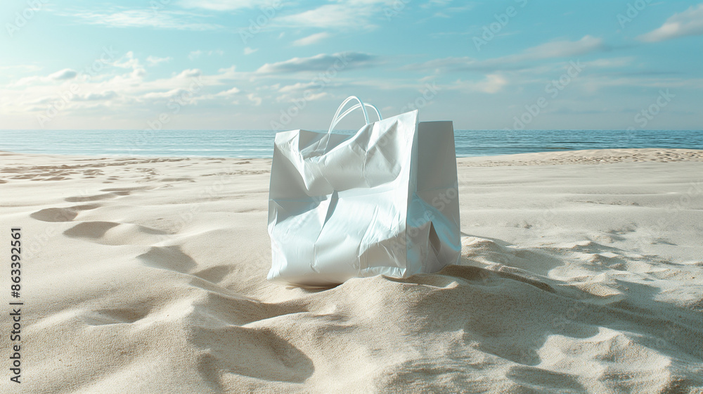 A delivery bag-white-crafted-paper, layed in the sand, beach background, studio photography A delivery bag-white-crafted-paper, layed in the sand, beach background, studio photography