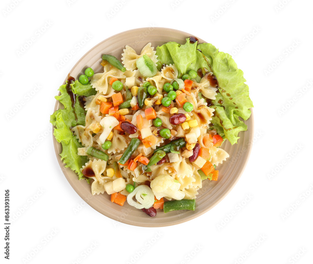Plate with delicious pasta primavera on white background Plate with delicious pasta primavera on white background