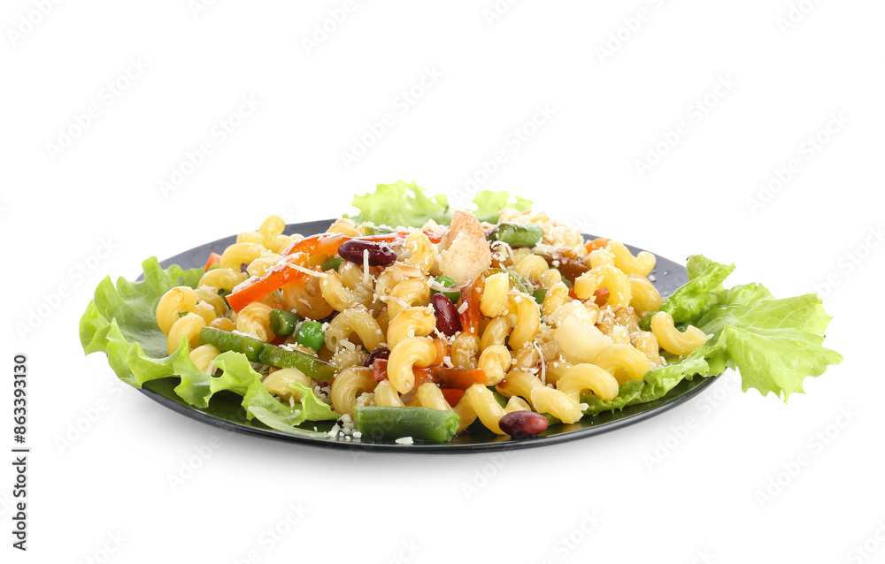 Plate with delicious pasta primavera on white background