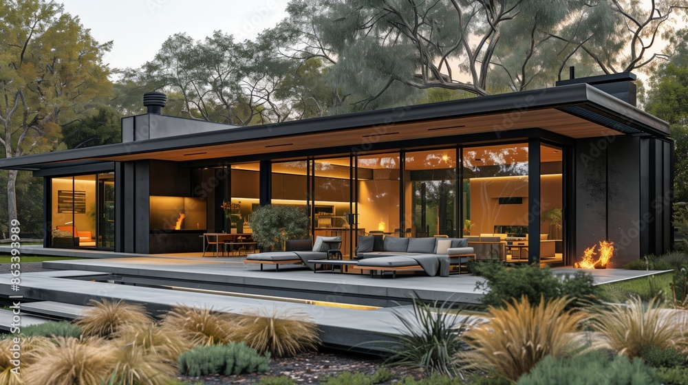 Fototapeta premium Modern Home With Patio And Fire Pit In Wooded Backyard