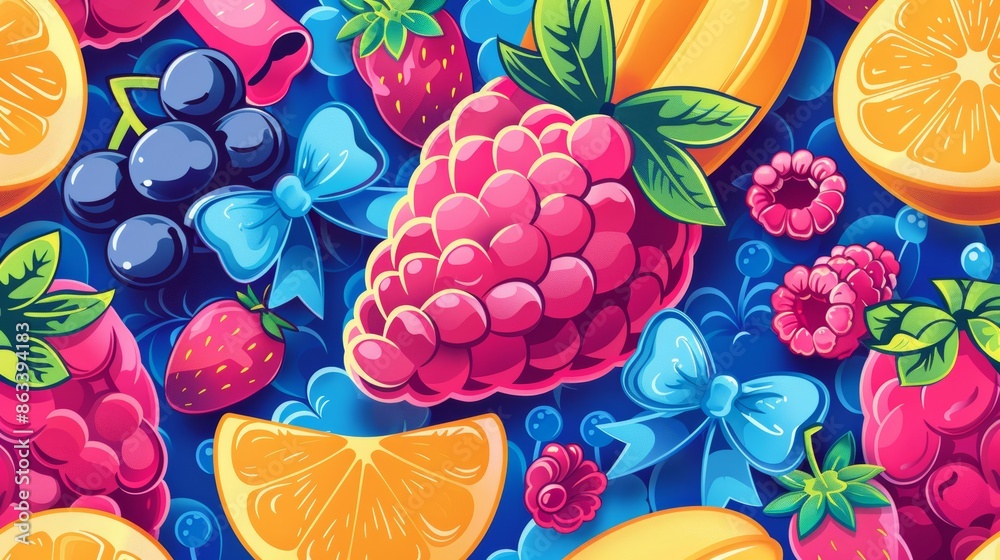 Colorful seamless pattern of various fruits and berries with blue bows on a blue background. Colorful seamless pattern of various fruits and berries with blue bows on a blue background.