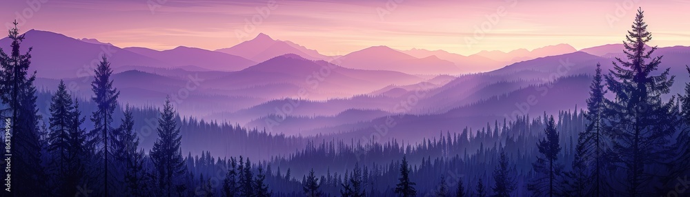 Obraz premium Misty mountain landscape at sunrise with purple hues.