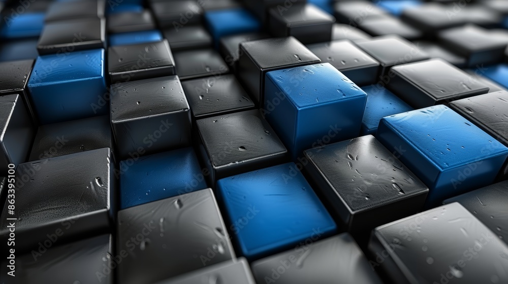 Obraz premium Abstract background of black and blue cubes, creating a geometric pattern.