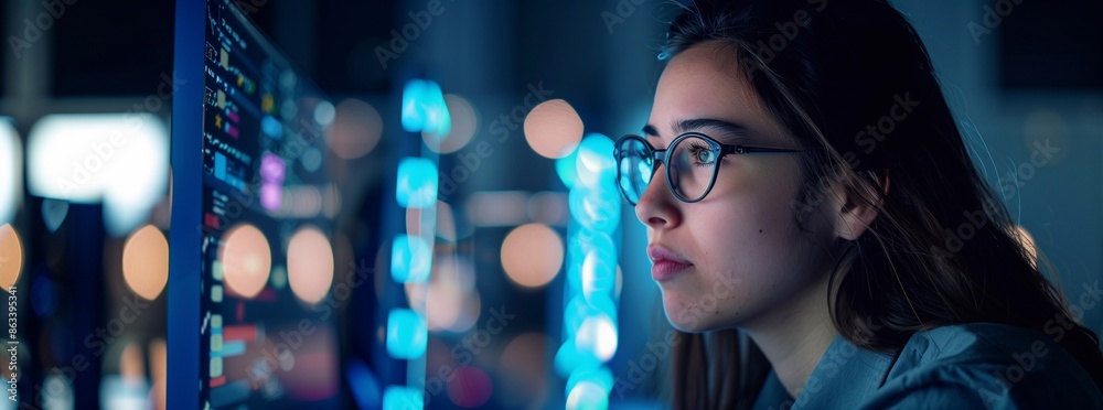 female cyber security analyst analysing AI cyberspace threats on computer in dark tech office data centre. Blue lighting. IT specialist ethical hacking. female cyber security analyst analysing AI cyberspace threats on computer in dark tech office data centre. Blue lighting. IT specialist ethical hacking.