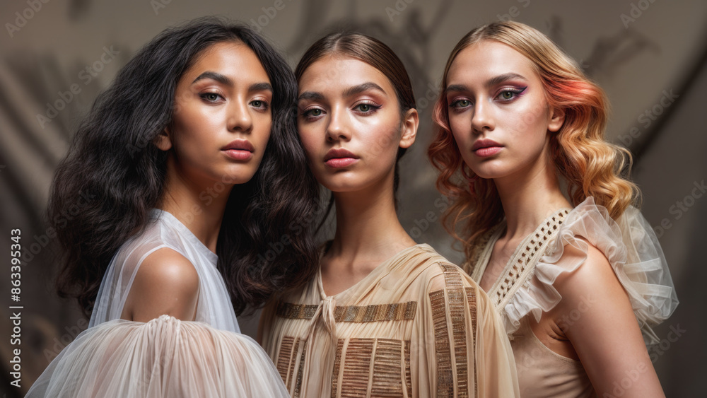 Three beautiful female models looking directly at the viewer. They have striking eyes and flawless complexions. Three beautiful female models looking directly at the viewer. They have striking eyes and flawless complexions.