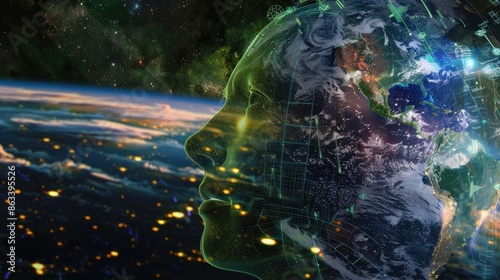 Clear humanoid head overlapping with Earth, showcasing global unity and technological advancement photo