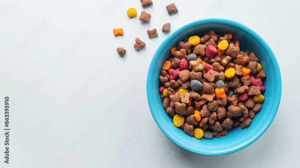 Pet food in a blue dish on a white backdrop Pet food in a blue dish on a white backdrop