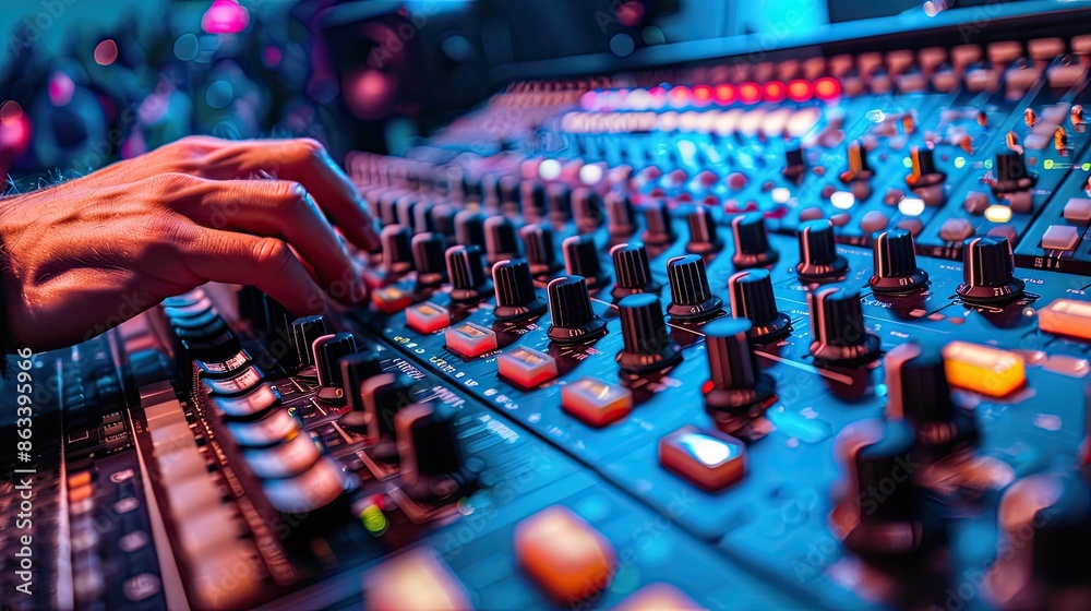 A person is playing a keyboard with a lot of buttons. Concept of creativity and musical expression A person is playing a keyboard with a lot of buttons. Concept of creativity and musical expression