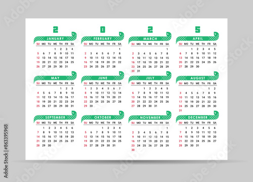 2025 year calendar with abstract green snake. Week starts on Sunday. Pocket or wall calendars layouts. Simple planner template with 12 month. Yearly organizer. Vector illustration