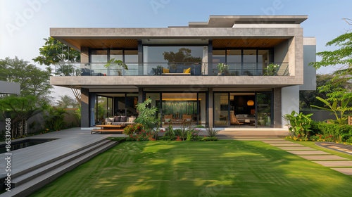 Modern abode with vibrant lawn and a terrace designed for outdoor living, surrounded by lush vegetation and featuring large glass walls. © NaphakStudio