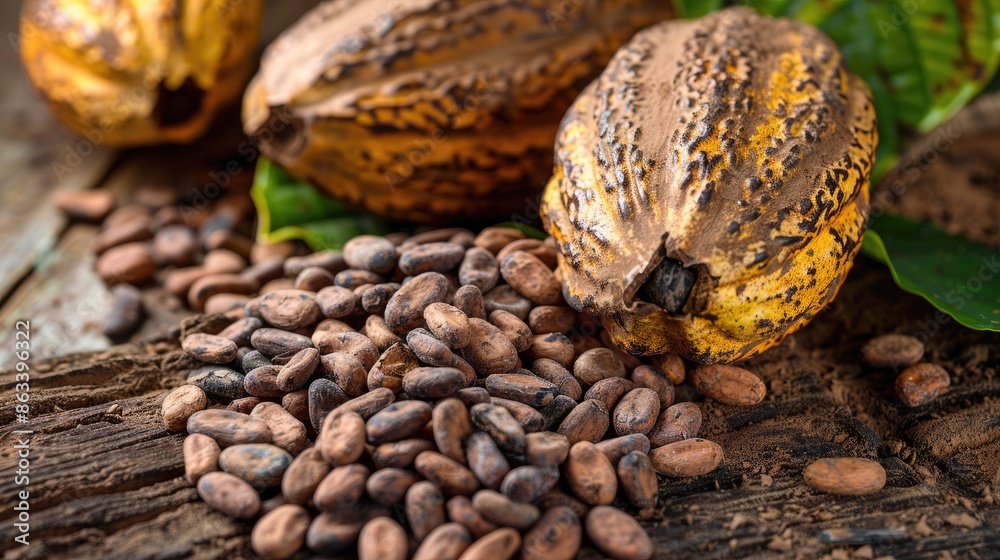 Obraz premium A pile of chocolate beans and a bunch of green leaves. The beans are scattered on the ground and the leaves are on top of them
