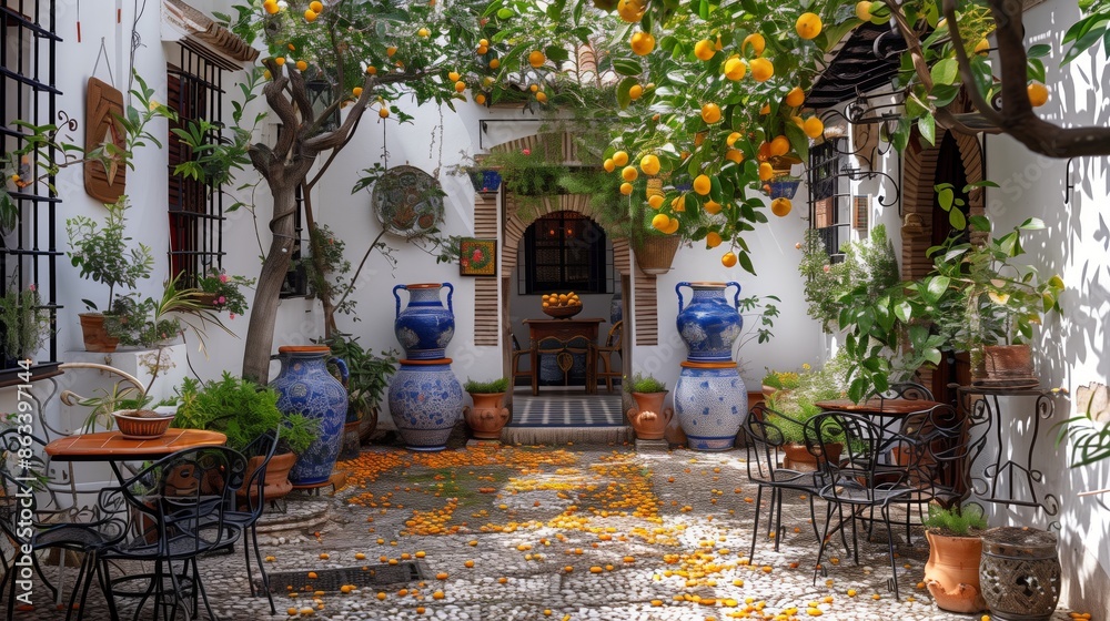 Fototapeta premium Spanish Courtyard With Orange Trees and Blue Pottery