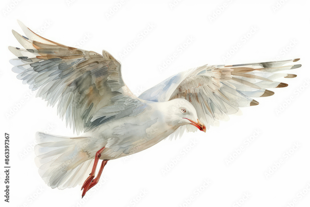 Obraz premium Dreamy Watercolor Seagull with Gentle Wings Warm Tones Clipart Design on White Background Ideal for Unique Nature Art, Creative Projects, and Artistic Inspiration