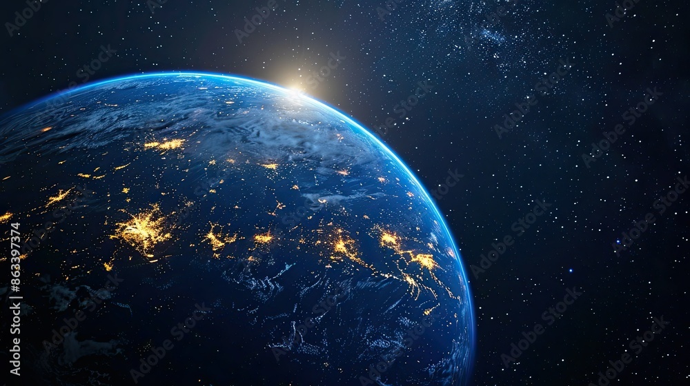 Fototapeta premium Glowing Earth with lights going out, representing Earth Hour and the need for energy conservation