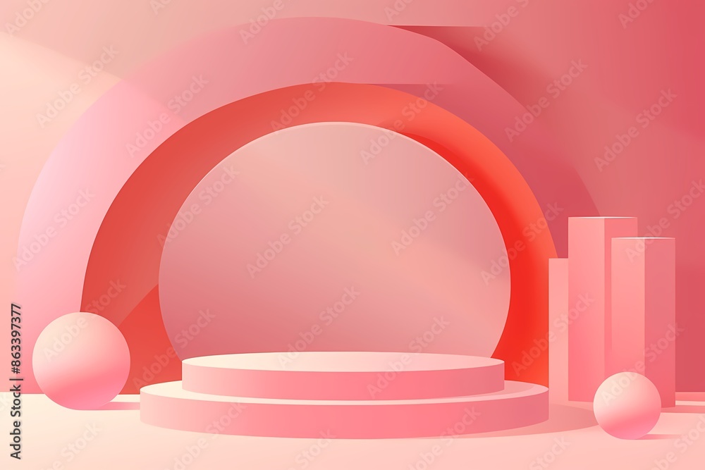 Minimalist product display stand with pink arch, circle, and cylinder shapes. Pastel pink podium mockup for branding or presentation Minimalist product display stand with pink arch, circle, and cylinder shapes. Pastel pink podium mockup for branding or presentation