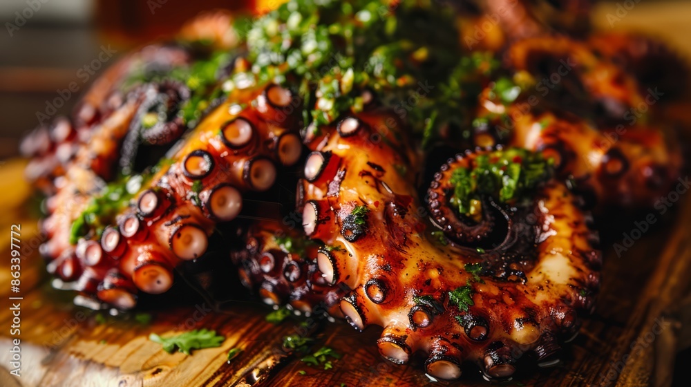 Fototapeta premium A close up of a plate with octopus and garnish on it, AI