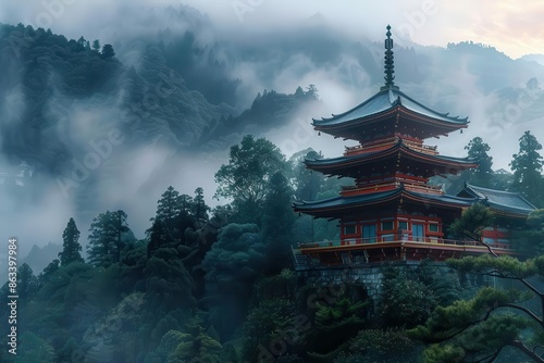 serene japanese temple ancient architecture nestled in misty mountain landscape at dawn © Lucija