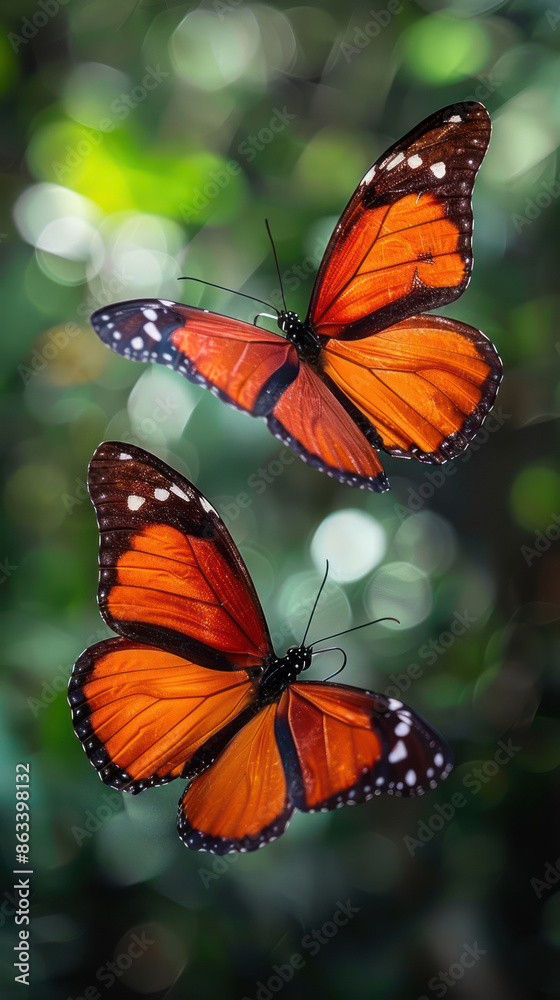 Fototapeta premium Pair of Butterflies Flying Close, Delicate Love in Nature s Connection Captivating Image of Monarch Butterflies, Symbolizing Love, Romance, Connection, Beauty in Natural Habitat