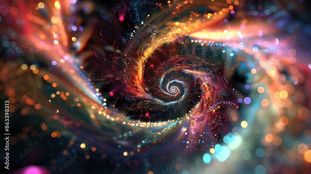 Shiny multicolored spiral wave of sparks, creating a dynamic and energetic scene Shiny multicolored spiral wave of sparks, creating a dynamic and energetic scene