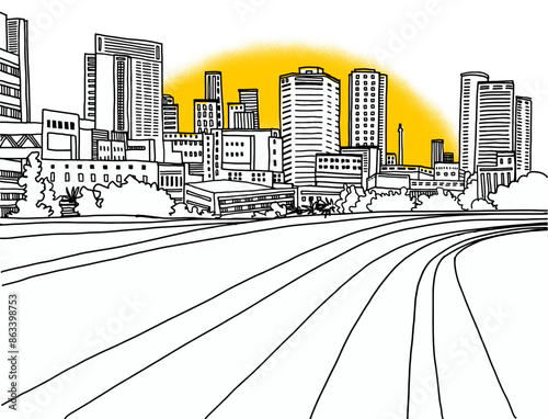 Urban modern landscape. Hand drawn line sketch. Vector illustration. Sunshine background.