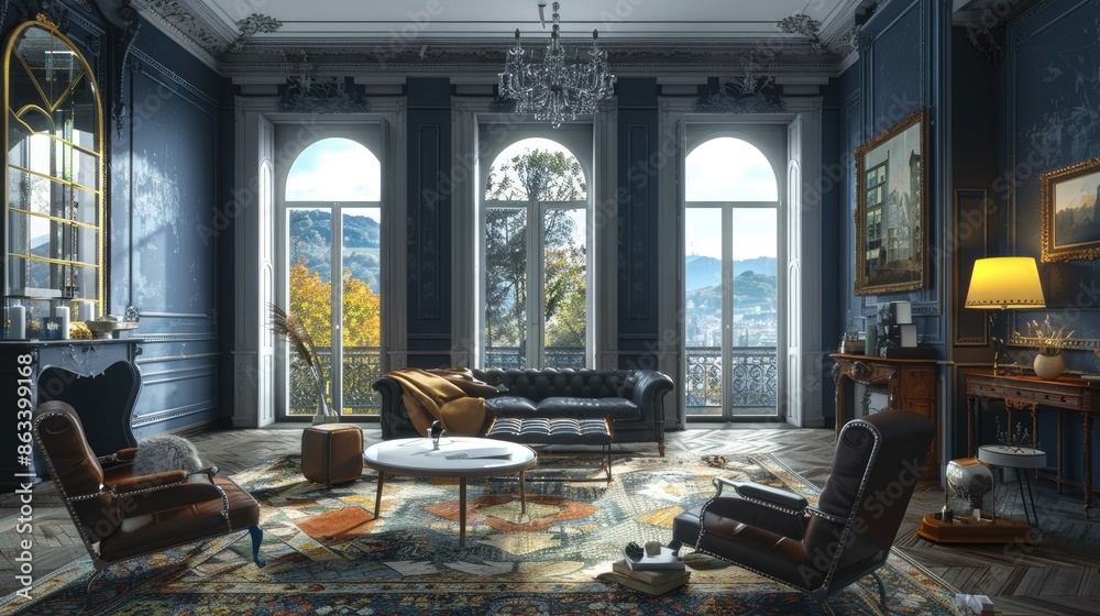 A large, open living room with a fireplace, a couch, and a coffee table. The room is decorated in a modern style with a blue color scheme A large, open living room with a fireplace, a couch, and a coffee table. The room is decorated in a modern style with a blue color scheme