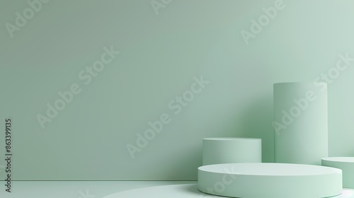 Minimalist product display podiums on a green background. Empty platform for product presentation, branding, advertising, or mockup.