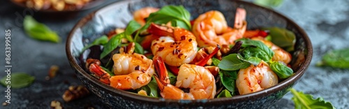 Spicy Shrimp Salad With Basil and Chili Peppers in a Black Bowl
