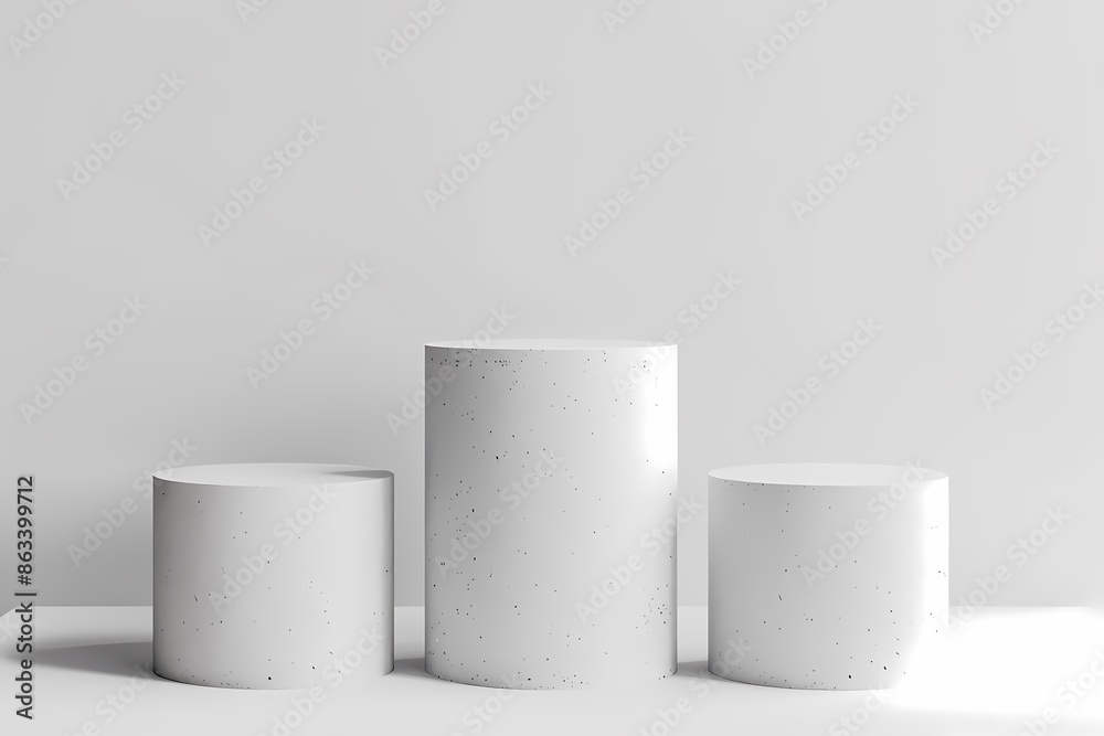 Three White Cylindrical Pedestals on a White Background for Product Display and Mockup Design Three White Cylindrical Pedestals on a White Background for Product Display and Mockup Design
