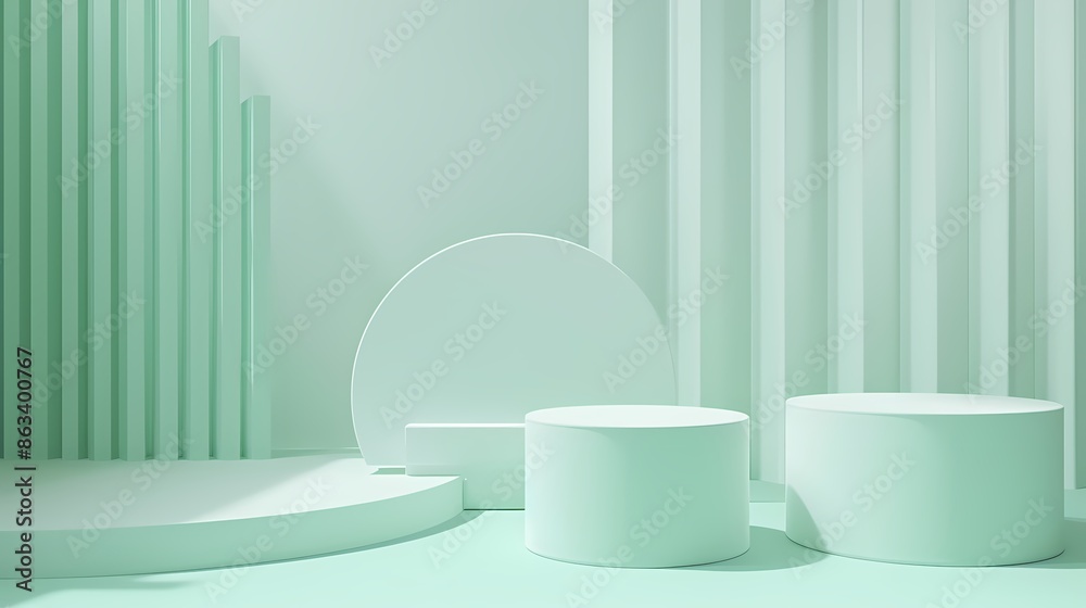 Minimalist product display podium with white cylinders and round platform on pastel green background. Blank space for product mockup and presentation.