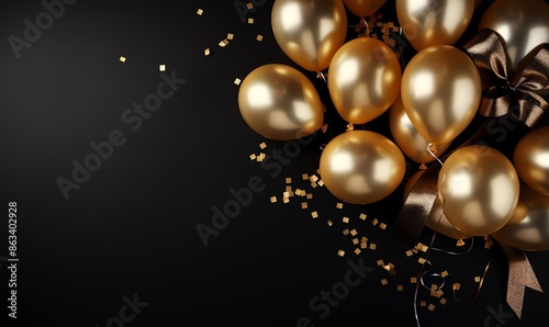 Golden Balloons and Confetti on Black Background