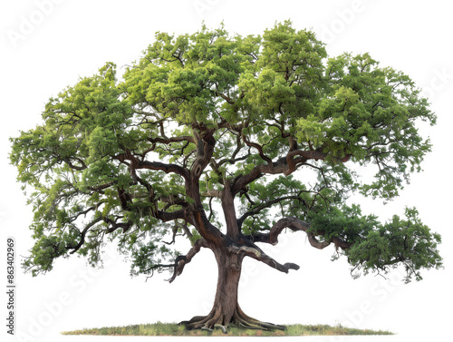 A large, majestic oak tree with thick branches and lush green leaves, isolated on a black background.