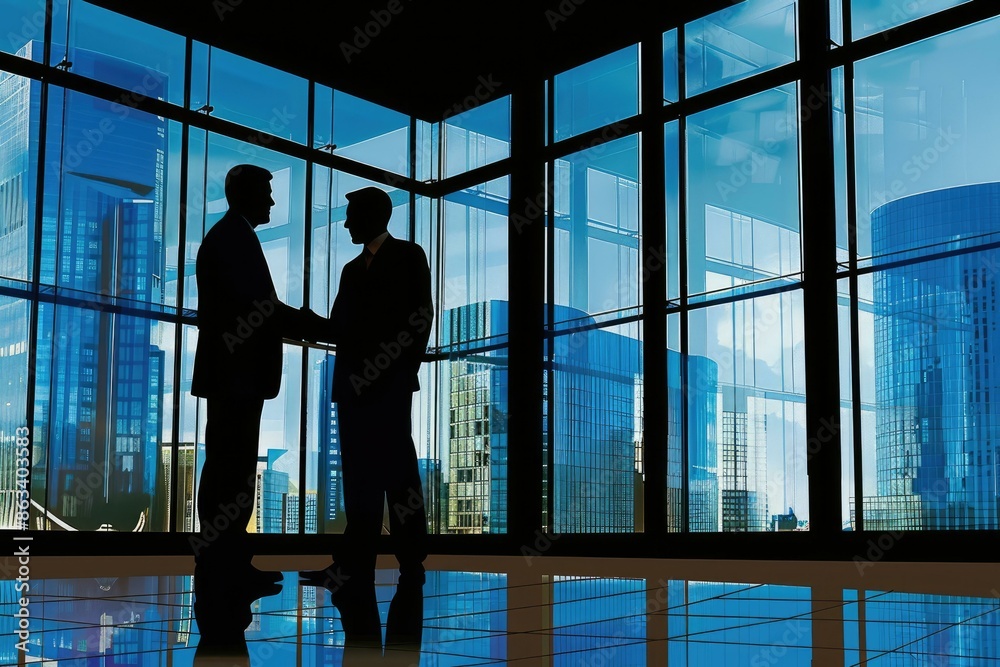 A business executive shaking hands with a client in a modern office setting. A business executive shaking hands with a client in a modern office setting.