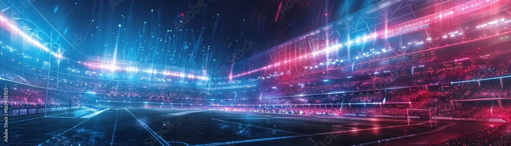 Augmented reality sports, holographic overlays, futuristic stadium, high detail, neon accents, realistic illustration, dynamic action, vibrant colors Augmented reality sports, holographic overlays, futuristic stadium, high detail, neon accents, realistic illustration, dynamic action, vibrant colors